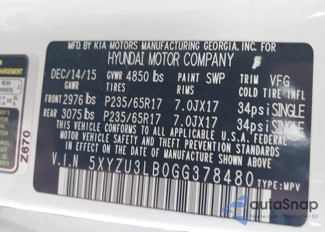 2016 Hyundai Santa Fe Sport 2.4L z USA, uszkodzony, nr VIN 5XYZU3LB0GG378480